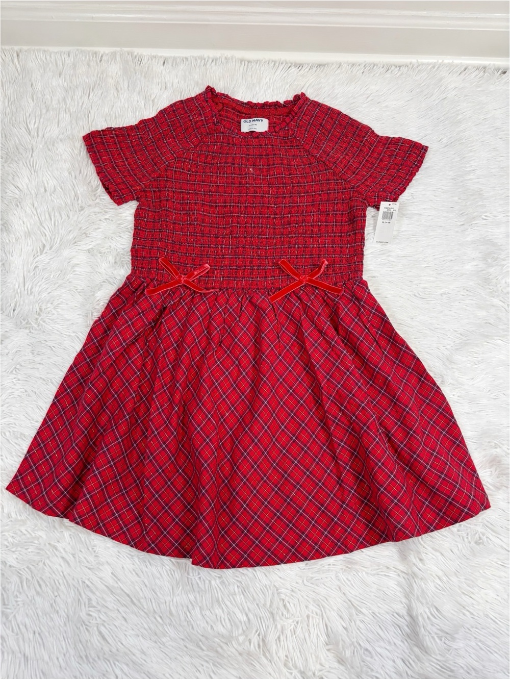 Old Navy girl short sleeve Red Smocked Plaid Holiday Dress bow details